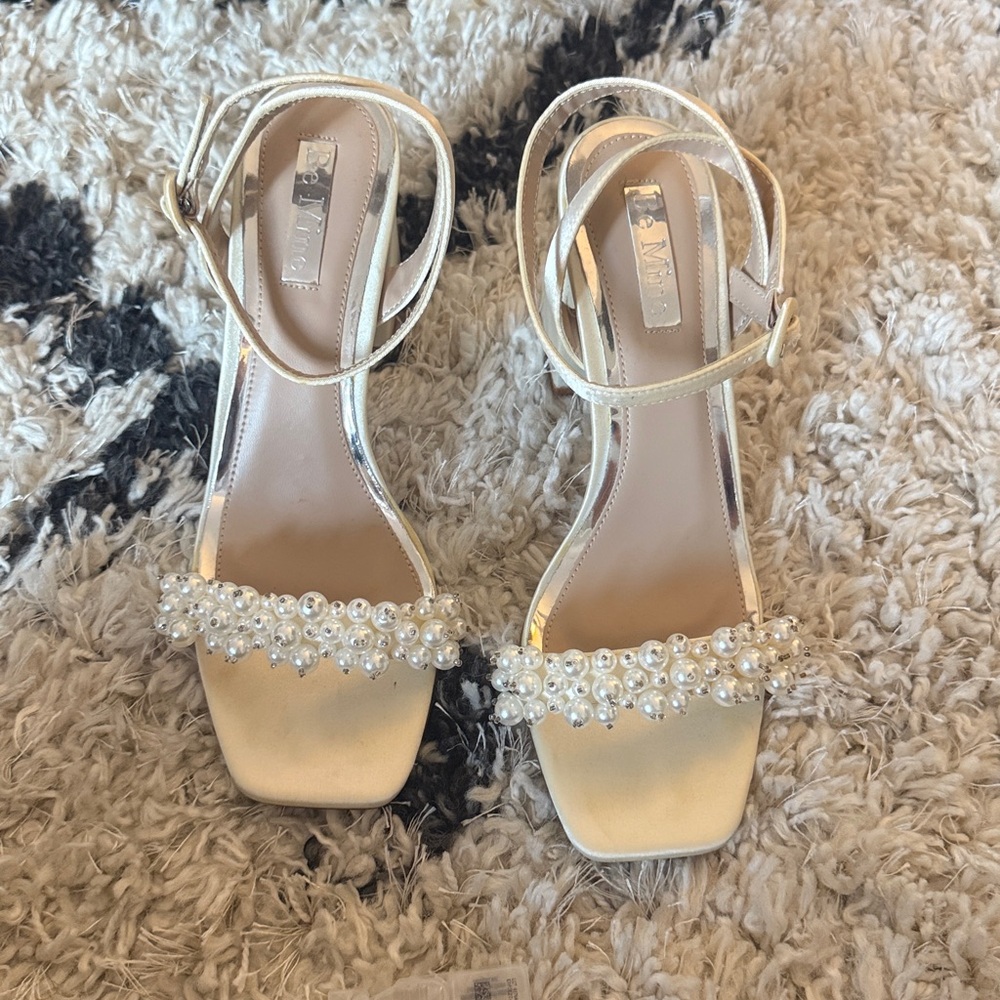 Pearl Embellished Ivory Ankle-Strap Heels